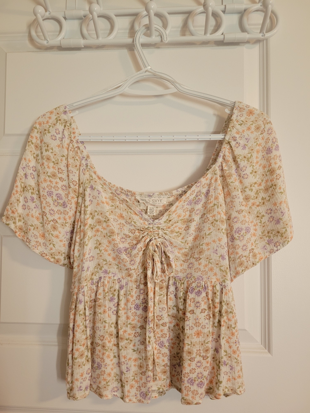 Madewell Cream Floral Tie-Front Peasant Blouse
